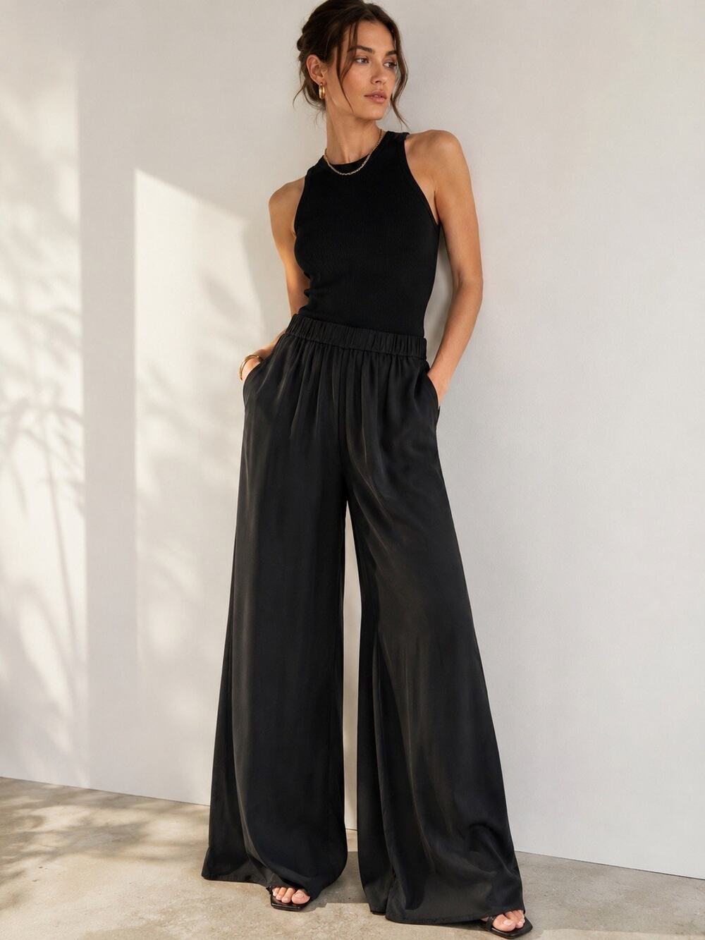 Rosetta Getty Collective Black Wide Leg Pull-On Palazzo Pants Women’s Size 6